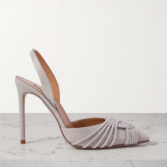 New AQUAZZURA Gatsby 105 crystal-embellished metallic canvas slingback pumps - Picture 5 of 13